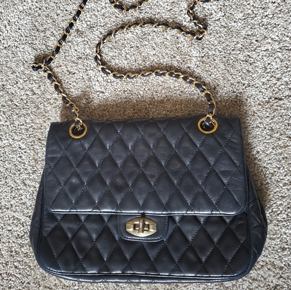 Bags Lederer Black Leather Quilted Crossbody Purse Gold Chain Strap